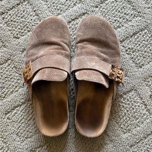 Tory Burch Tan and Gold Mules with Suede Finish
